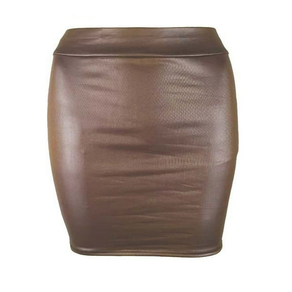 Ousvtion Clearance Deals Women Basic High Waisted Mini Skirts Short Pencil Bodycon Dress Faux Leather Skirt Solid Color Dresses Fashion Clothes Deals,Coffee,Medium