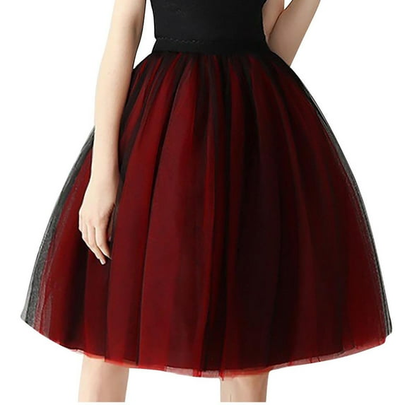 Ousvtion Clearance Deals Women Tutu Skirt Knee Length Tulle Skirts Elastic High Waist Petticoat Sweet Puffy Princess Dress Tiered Pleated Ballet Dresses Deals,Red,One Size