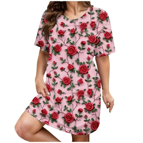 Ousvtion Deals Valentines Day Women's Nightgown Love Heart and Flowers Short Sleeve Sleepwear Comfy Sleepshirts Crew Neck Nightshirt Plus Size Valentine's Gift for Her Clearance,B03-Pink,X-Large