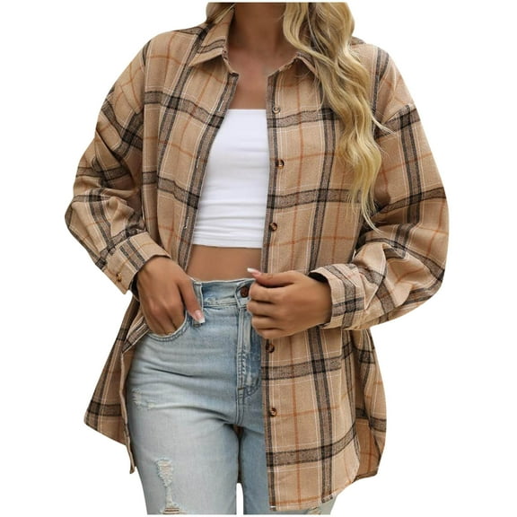 Ousvtion Flannel Shacket Womens Plaid Button Down Jacket Casual Long Sleeve Shirt Lapel Cardigan Cotton Tops Fall Winter Outfits Saving,Khaki,Large