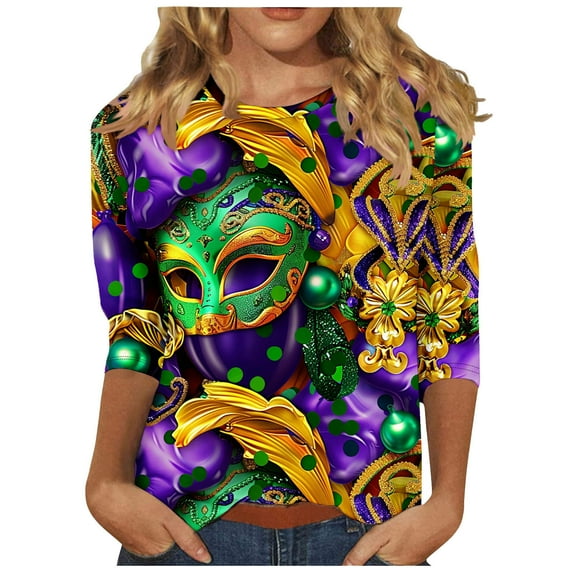 Ousvtion Mardi Gras Shirts for Women Trendy Mask Graphic Tees 3/4 Sleeve Pullover Top Crewneck Shirt Tops Outfits Saving,B01-Purple,Small