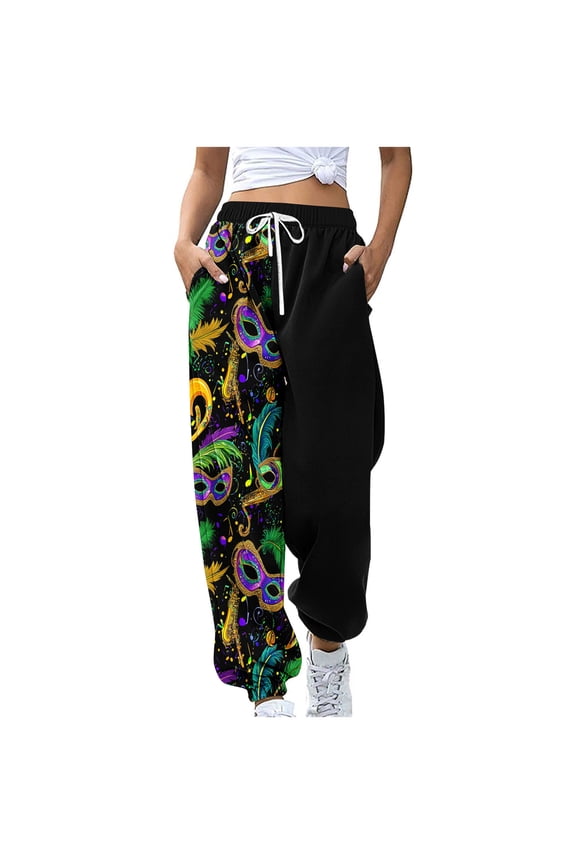 Mardi Gras Sweatpants for Women Carnival Graphic Print Trousers Drawstring Elastic Waisted Pants Loose Fit Sparkly Sweatpant with Pocket Clearance Saving,A05-Multicolor,Large