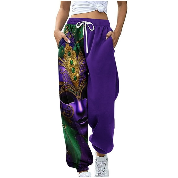 Ousvtion Mardi Gras Sweatpants for Women Carnival Graphic Print Trousers Drawstring Elastic Waisted Pants Loose Fit Sparkly Sweatpant with Pocket Clearance Saving,A04-Multicolor,Large