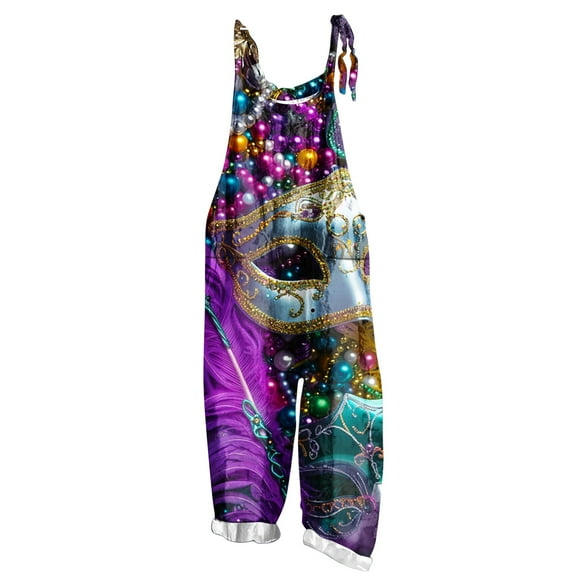Ousvtion Mardi Gras Women's Overalls Funny Mask Prined Jumpsuits One Piece Sleeveless Adjustable Strap Rompers Wide Leg Long Pant With Pockets Plus Size Clearance Saving,A06-Multicolor,Medium