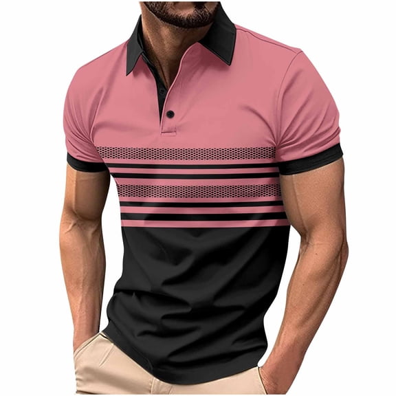 Ousvtion Mens Fashion Color Block Polo Shirts Button Lapel Top Casual Short Sleeve T Shirt Striped Tops Golf Tees Muscle Sports Blouse Clearance Saving,02-Pink,Small