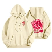 Ousvtion Pink Palm Puff Hoodie Women 2024 Cute Preppy Sweatshirt Long Sleeve Drawstring Pullover Top