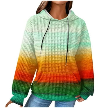 Ousvtion Plus Size Women Waffle Sweatshirts Color Block Hoodies Gradient Long Sleeve Pullover Tops Oversized Drawstring Hooded Sweatshirt with Pocket Trendy Clothes Clearance Saving,A07-Green,XXXL