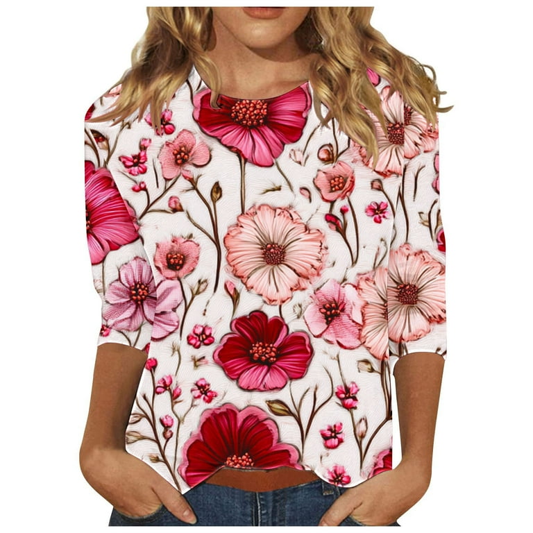 Ousvtion Rose Tops Women 3/4 Sleeve Shirts Casual Crewneck T-shirt
