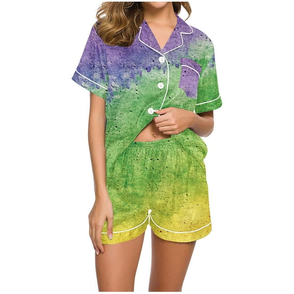 Ousvtion on Sale 2 Pack Women's Pajamas Set Mardi Gras Print Sleepwear Color Block Lapel Loungewear Button Down short Sleeve Shirts and Shorts 2025 Summer Holiday Party Costume,01-Green,XX-Large
