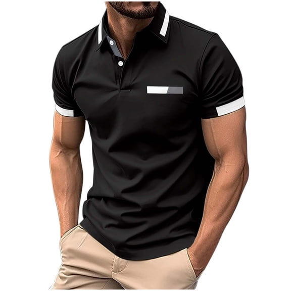 Ousvtion on Sale Men's Polo Shirt Short Sleeve Tee Classic Golf Sport Shirts Color Block T-shirt Casual Button Down Pullover Tops Muscle Fit Blouse Clearance,Black,Large