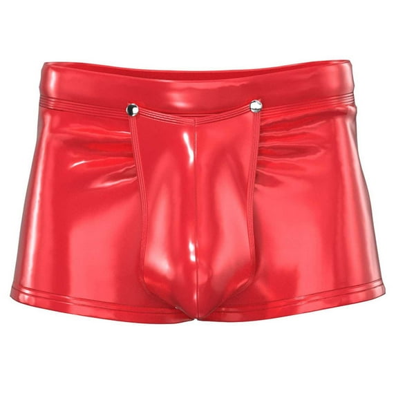 Ousvtion on Sale Mens Underwear PVC Leather Shorts Pants Lingerie Underpants with Removable Pouch See Through Boxer Briefs Erotic Clubwear for Men Clearance,Red,Small