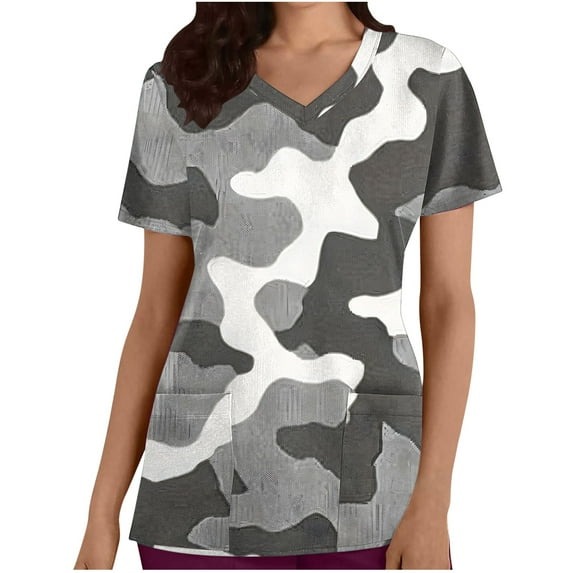 Ousvtion on Sale Scrubs Tops for Women - V-Neck Scrub Blouse Camouflage Shirts Short Sleeve Nurse Top with Pockets Soft Stretch T-shirt Clearance,03-Army Green,Medium