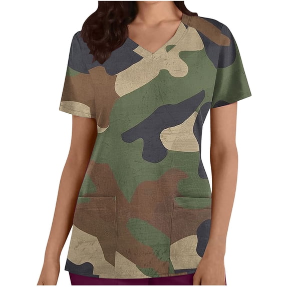 Ousvtion on Sale Scrubs Tops for Women - V-Neck Scrub Blouse Camouflage Shirts Short Sleeve Nurse Top with Pockets Soft Stretch T-shirt Clearance,04-Army Green,Medium