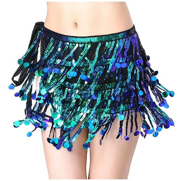 Ousvtion on Sale Sequin Skirt for Women Sparkle Tassel Skirts with Drawstring Belly Dance Hip Scarf Layered Glitter Dress Mardi Gras Outfits Dancing Cowgirl Costume Clearance,Green,Free Size