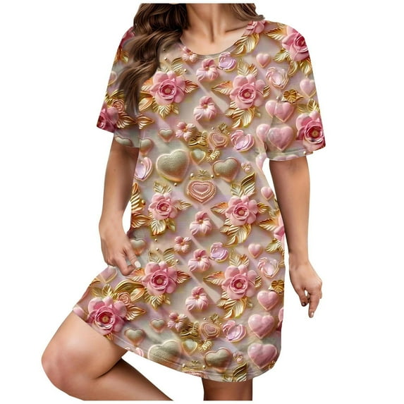 Ousvtion on Sale Valentines Day Women's Nightgown Love Heart and Flowers Short Sleeve Sleepwear Comfy Sleepshirts Crew Neck Nightshirt Plus Size Valentine's Gift for Her Clearance,B05-Pink,5X-Large