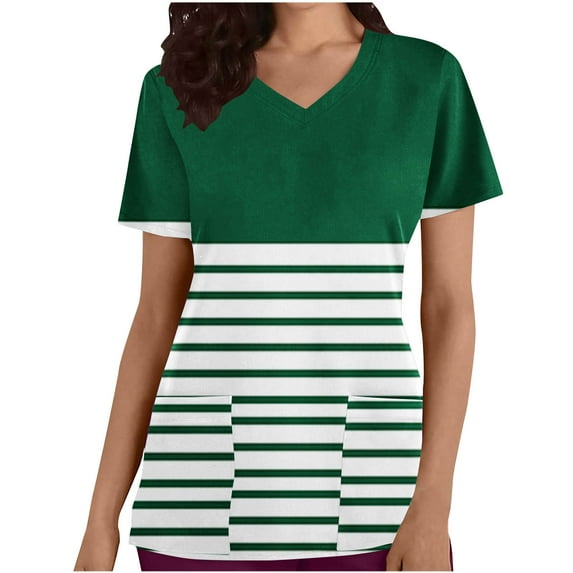 Ousvtion on Sale Womens Scrub Tops Striped Nurse Uniforms for Women Short Sleeve Tunic V-Neck Shirts Color Block Top with Pockets Clearance,Green,XX-Large