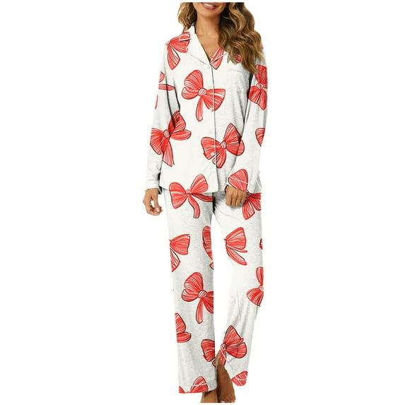 Ousvtion Saving 2 PCs Valentine's Day Pajamas Sets Women Cute Bow Printed Nightgowns Valentines Two Piece Outfits Soft Tops and Bottom Button Down Long Sleeve Sleepwear,A06-Multicolor,Large