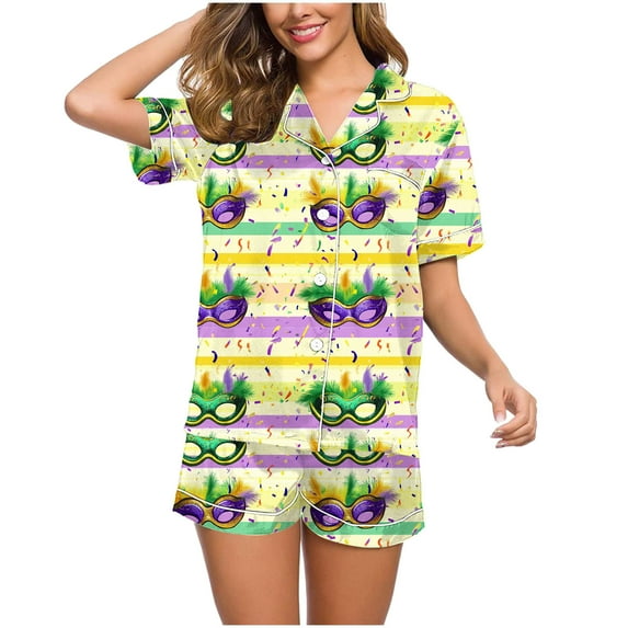 Ousvtion Saving 2 Pack Women's Pajamas Set Mardi Gras Print Sleepwear Color Block Lapel Loungewear Button Down short Sleeve Shirts and Shorts 2025 Summer Holiday Party Costume,09-Green,XX-Large