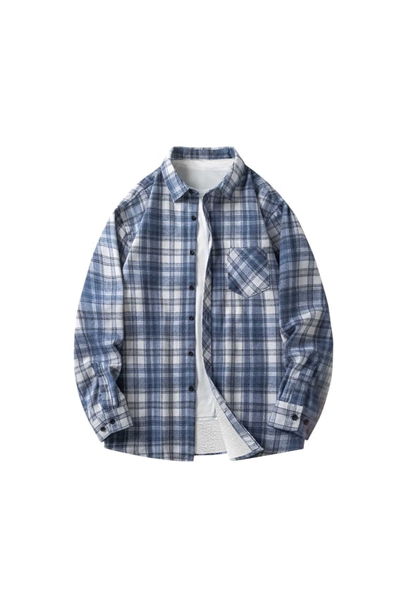 Saving Mens Flannel Plaid Shirts Plus Size Warm Winter Coat Thicken Fleece Jacket Long Sleeve Button Up Coat Soft Lapel Shacket Jackets Outerwear with Pocket Clearance,Dark Blue,XXXXL