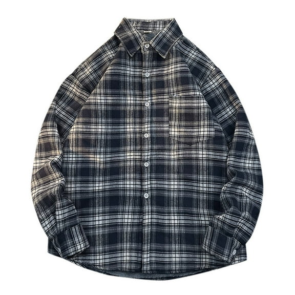 Ousvtion Saving Mens Flannel Shirts Plus Size Retro Plaid Jackets Warm Winter Coat Thicken Fleece Jacket Long Sleeve Button Up Coat Soft Lapel Shacket Outerwear with Pocket Clearance,Blue,XXL