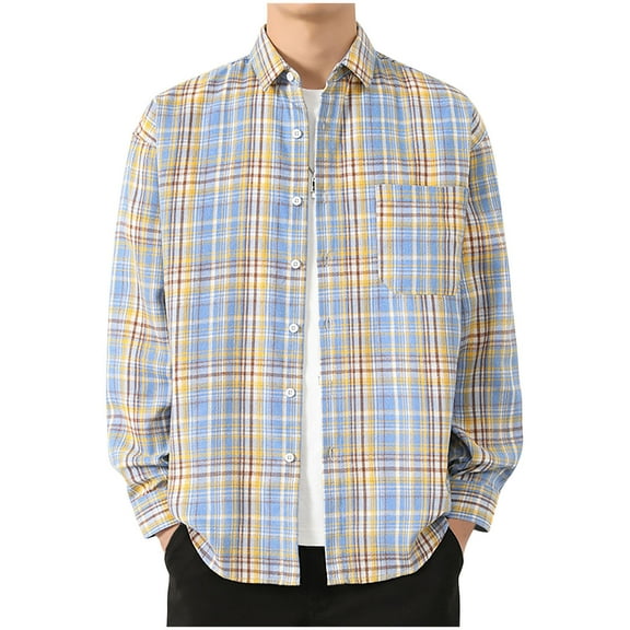 Ousvtion Saving Plaid Shirt Jacket for Men Button Down Shacket Jackets Long Sleeve Lapel Tops Lightweight Flannel Blouses Fall Spring Shirts Fashion Clothes With Pocket Clearance,A07-Dark Blue,L