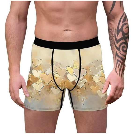 Ousvtion Saving Valentine's Day Mens Trunks Love Heart Print Boxer Briefs Valentines Rose Boxers Underwear Comfort Soft Brief Gift for Men Deals,A04-Gold,X-Large