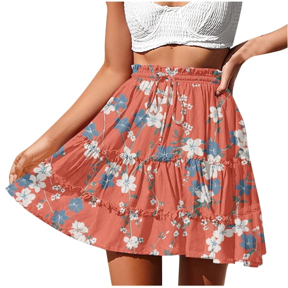 Ousvtion Saving Womens Boho Mini Skirt Palm Print Skorts Flowy Tiered Skirts High Waist Drawstring Summer Beach Vacation Dress for Ladies,B04-Watermelon Red,S