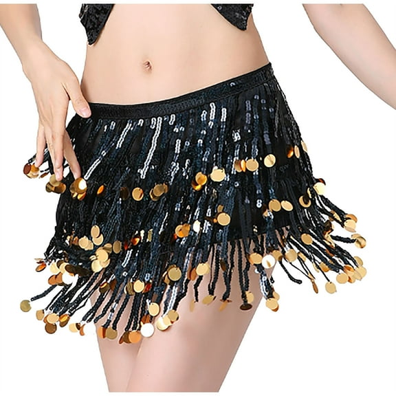 Ousvtion Sequin Skirt for Women Sparkle Tassel Skirts with Drawstring Belly Dance Hip Scarf Layered Glitter Dress Mardi Gras Outfits Dancing Cowgirl Costume Clearance Saving,Black,Free Size