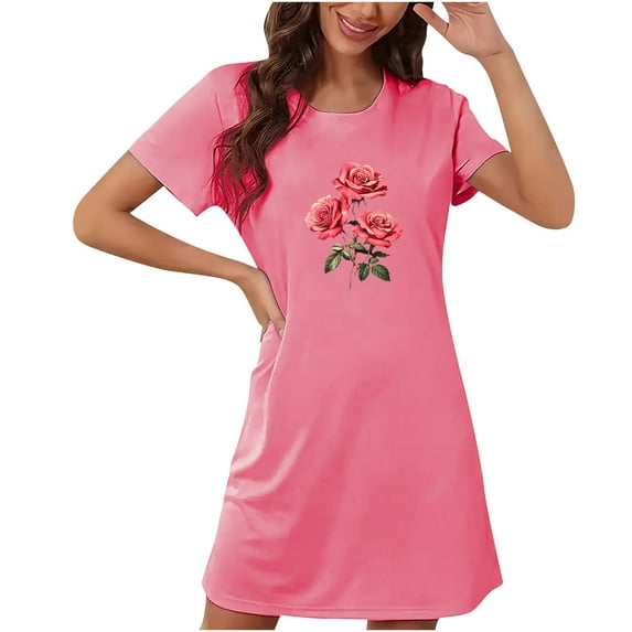 Ousvtion Valentine's Day Women's Nightshirt Rose Print Pajama Short Sleeve Nightgown Crewneck Sleepwear Dress Valentines Gift for Girlfriend Clearance Deals,01-Hot Pink,Medium
