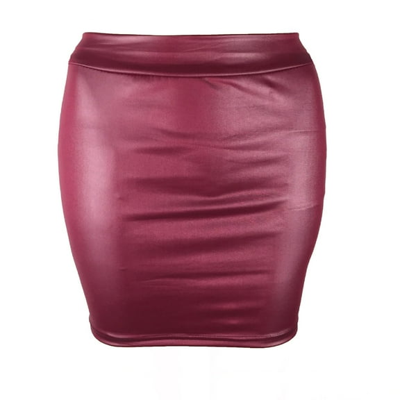Ousvtion Women Basic High Waisted Mini Skirts Short Pencil Bodycon Dress Faux Leather Skirt Solid Color Dresses Fashion Clothes,Wine,Medium