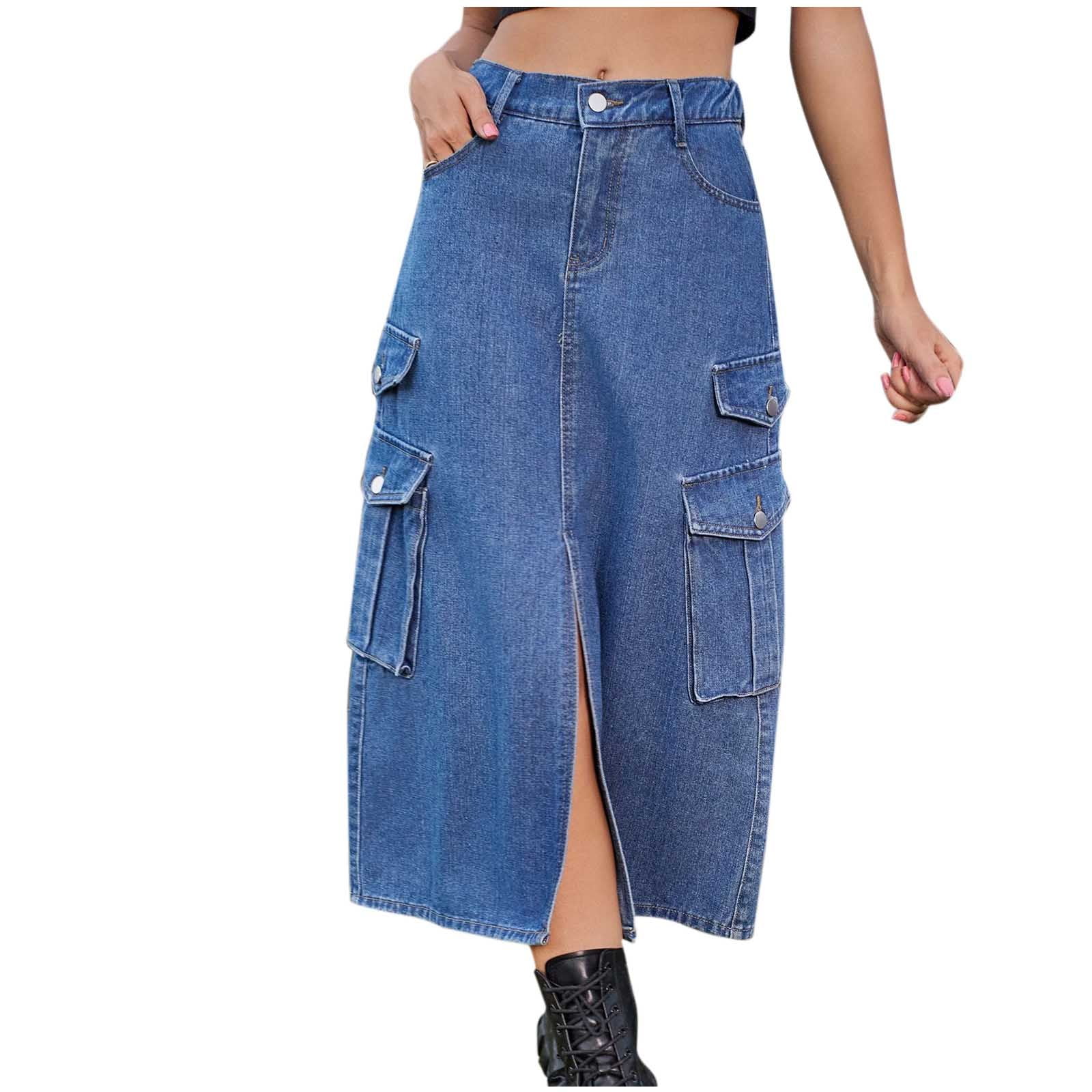 Ousvtion Women Cargo Denim Skirt Mid Long Front Slit Dress Stretch High  Waisted Jean Skirts Casual Button Dresses for Womens Clearance Saving,Blue,Large  - Walmart.com