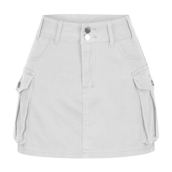 Ousvtion Women Denim Cargo Skirt Mini High Waist Skirts Zip Button Bodycon Dress Fashion Y2K Bottoms with Flap Pockets for Girl Clearance Saving,White,Large