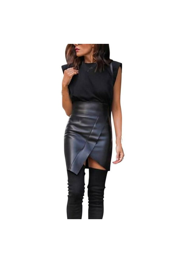 Women Faux Leather Skorts High Waisted PU Skirts Elastic Waist Ruched Wrap Skirt with Slit Sexy Skort Nightclub Costume Clearance Saving,Black,M