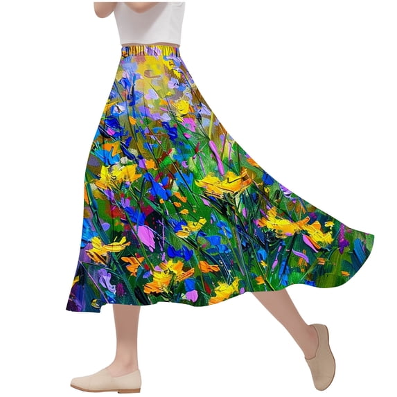 Ousvtion Women's Floral Skirt Pleated A-Line Dress Elastic High Waist Flared Maxi Skirts Ankle Length Dresses Summer Vacation Outfits Clearance Saving,07-Green,Large