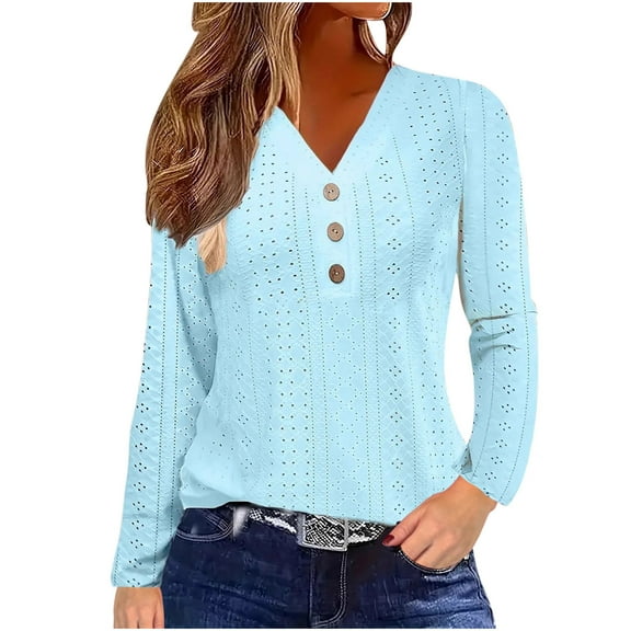 Ousvtion Women's Tops Casual Buttons V Neck Shirt Dressy Long Sleeve Pullover Hollow Out Tunic Top Lace Embroidered Blouses Shirts Saving,Blue,Large