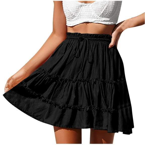 Ousvtion Womens Boho Mini Skirt Palm Print Skorts Flowy Tiered Skirts High Waist Drawstring Summer Beach Vacation Dress for Ladies Clearance,B09-Black,M