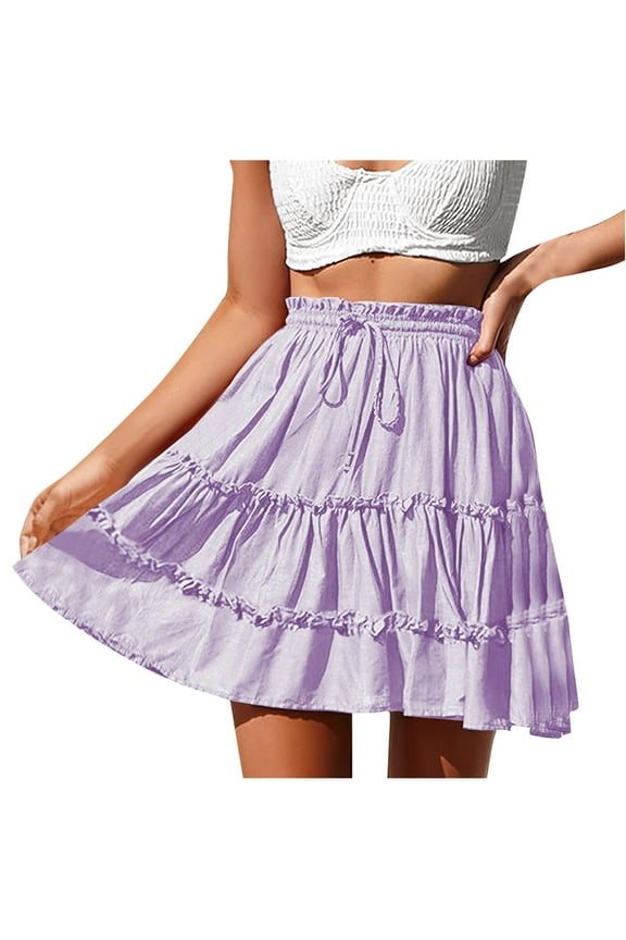 Womens Boho Mini Skirt Palm Print Skorts Flowy Tiered Skirts High Waist Drawstring Summer Beach Vacation Dress for Ladies Clearance Saving,B08-Purple,L