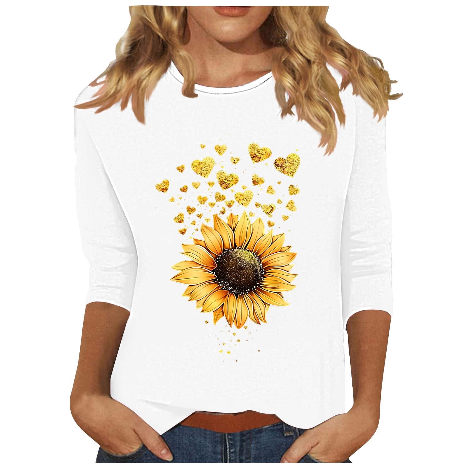 Ousvtion Womens Daisy Print Shirt 3/4 Sleeve Tops Crewneck