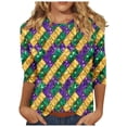 thumbnail image 1 of Ousvtion Womens Mardi Gras Shirts 3/4 Sleeve Tops Sparkly Mask Print Pullover Casual Crew Neck T Shirt Fashion Clothes Tee Saving,A05-Purple,Large, 1 of 5