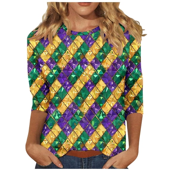 Ousvtion Womens Mardi Gras Shirts 3/4 Sleeve Tops Sparkly Mask Print Pullover Casual Crew Neck T Shirt Fashion Clothes Tee Saving,A05-Purple,Large