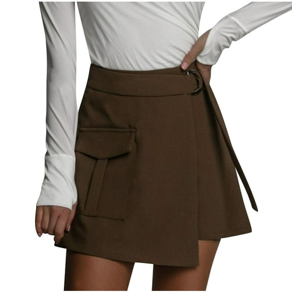 Ousvtion Womens Mini Skirt Skorts Sexy Elastic Waisted Dress Front Split Bodycon Pencil Skirts with Belt Trendy Bottoms for Ladies Clearance Saving,Khaki,Large