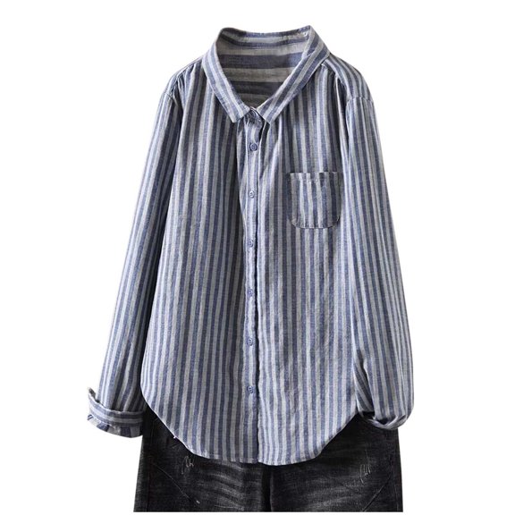 Ousvtion Womens Oversized Button Down Shirts Smocked Cuffed Striped Boyfriend Shirt Comfy Cotton Blouse Long Sleeve Lapel Tops with Pocket Saving,Blue,Medium