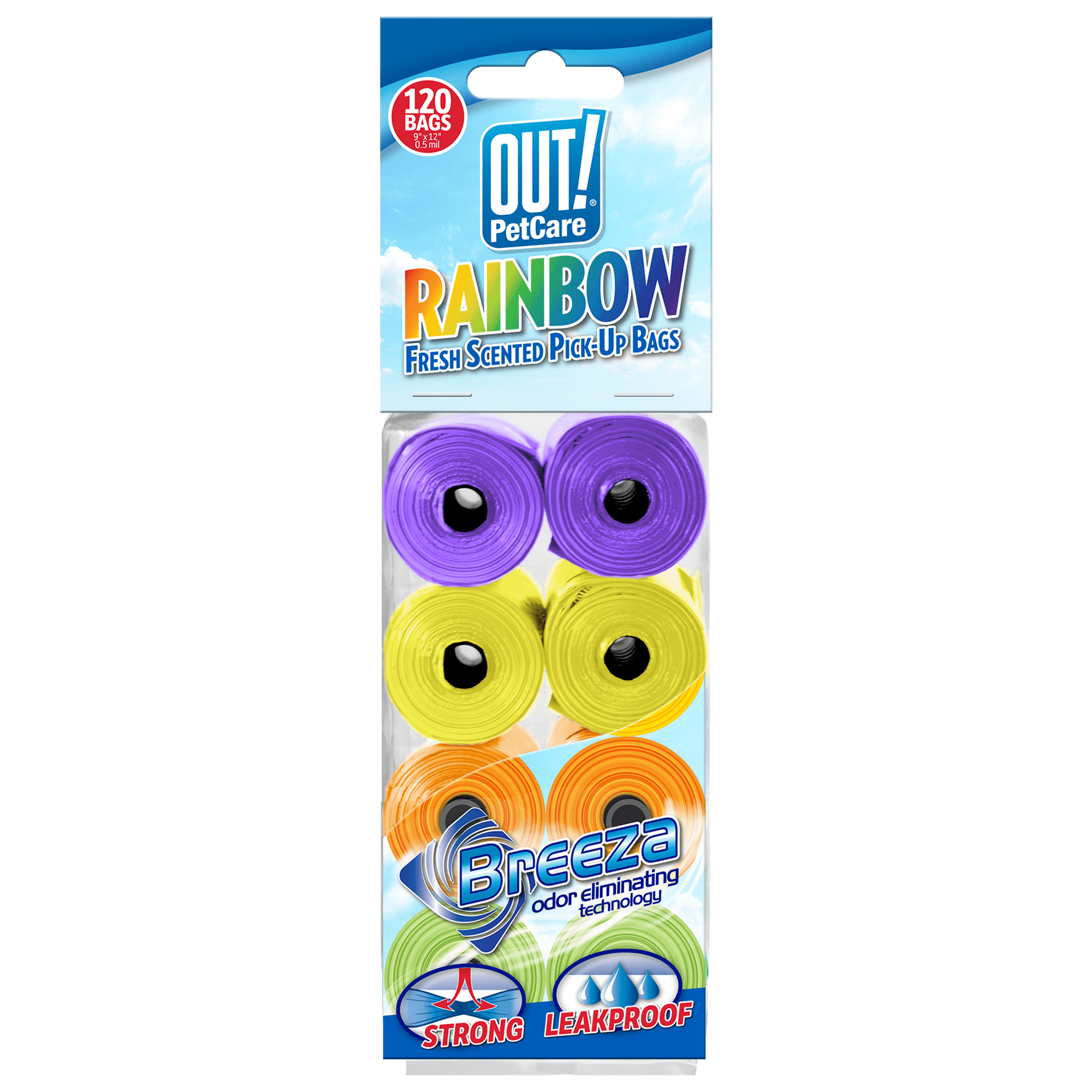Out! Dog Waste Pickup Bags, 8 Rolls 120 Unscented Rainbow Color Bags