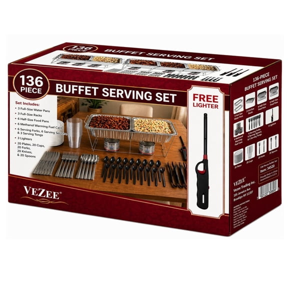 VeZee 136 Piece Disposable Chafing Dish Buffet Set with Aluminum Pans, Racks, Fuel, Serving Utensils & Party Dinnerware