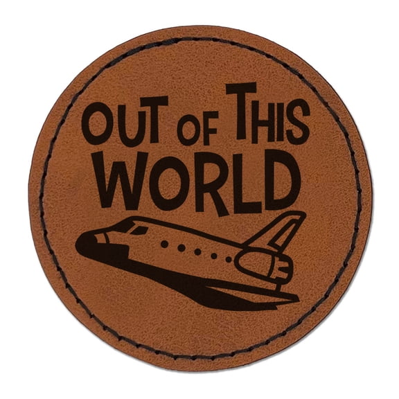 Out Of This World Science Space Shuttle Spaceship Round Iron-On Engraved Faux Leather Patch Applique - 2.5 Inch - Brown