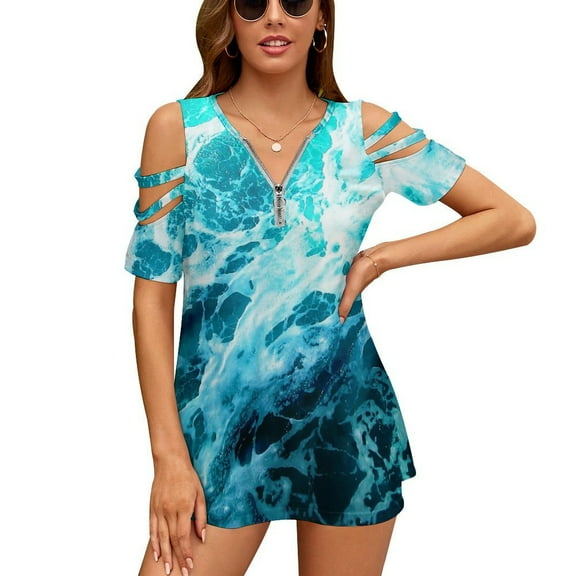 Out There in The Ocean Womens Summer V Neck Zipper Top Short Sleeve T Shirt Off Shoulder Top Casual Classy Loose Shirts