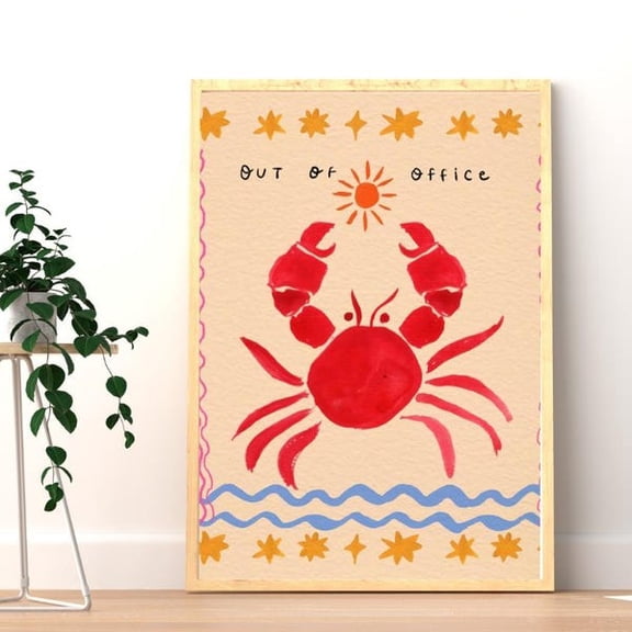 Out of Office Crab Poster Printable Wall Art, Beach Themed Summer , Vacation Mode Coastal Decor Illustration, Unframed Paper Poster 8x10in