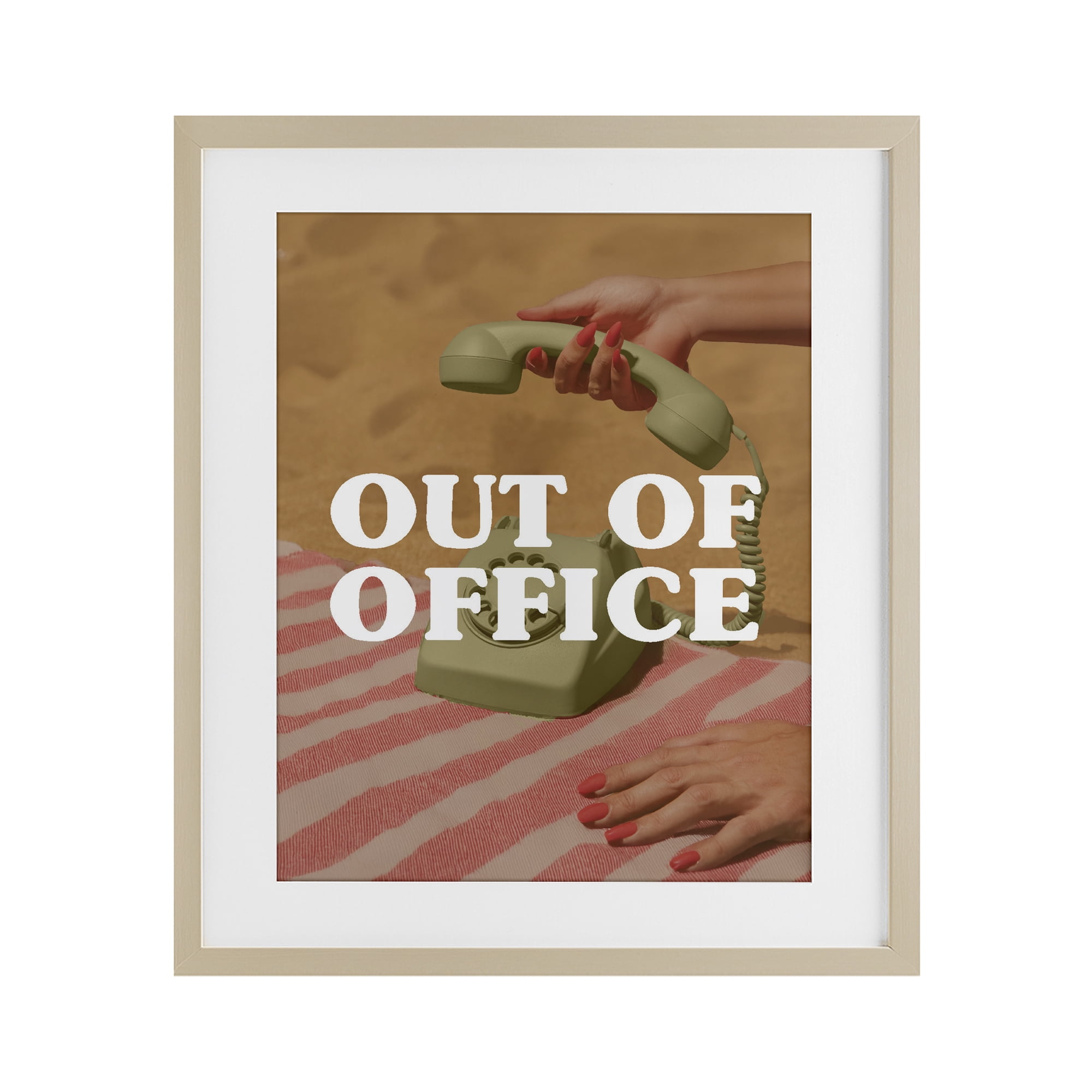 Out of Office Green Phone Birch Framed Print Under Glass, design by Lil' Rue
