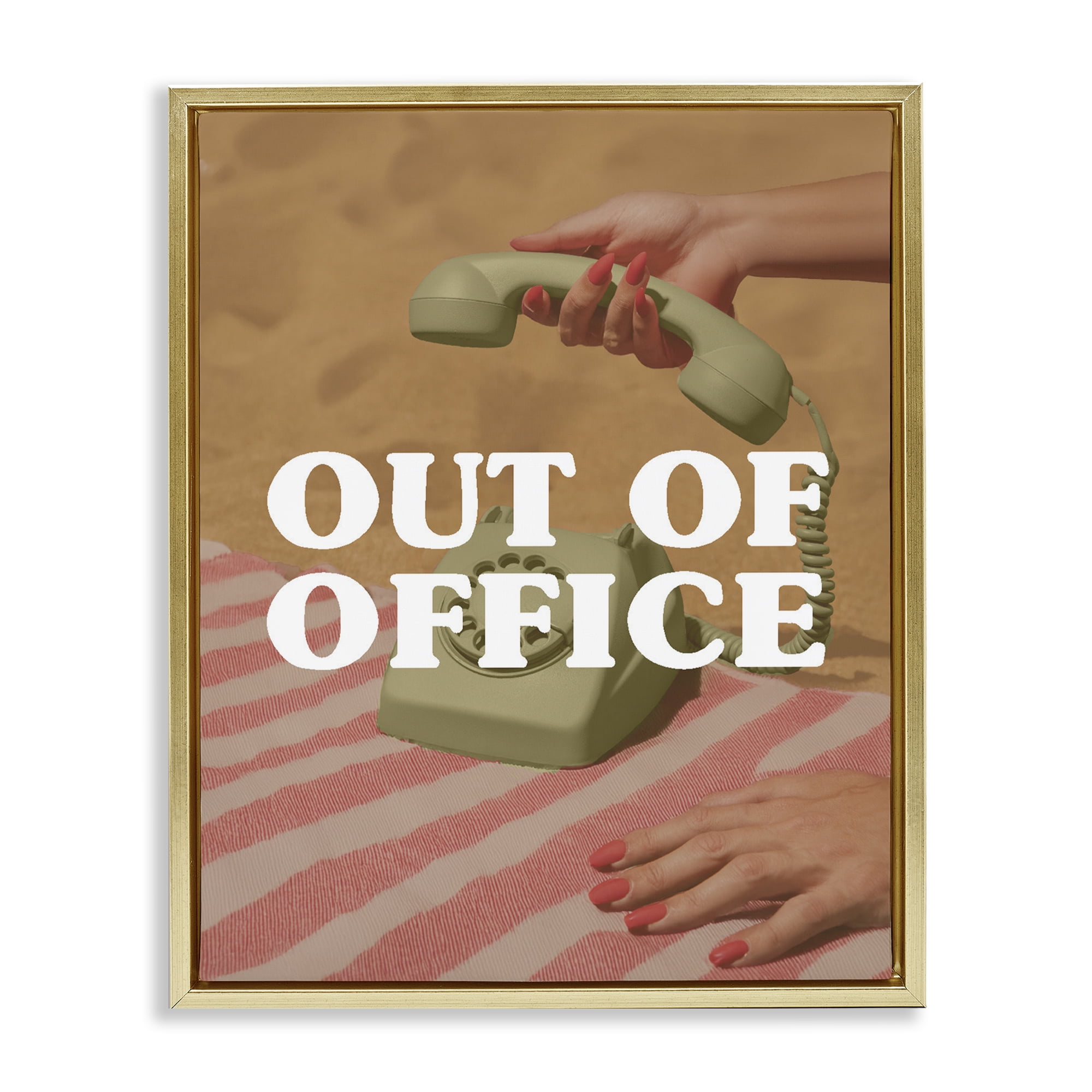 Out of Office Green Phone Gold Framed Floater Canvas Wall Art, design by Lil' Rue