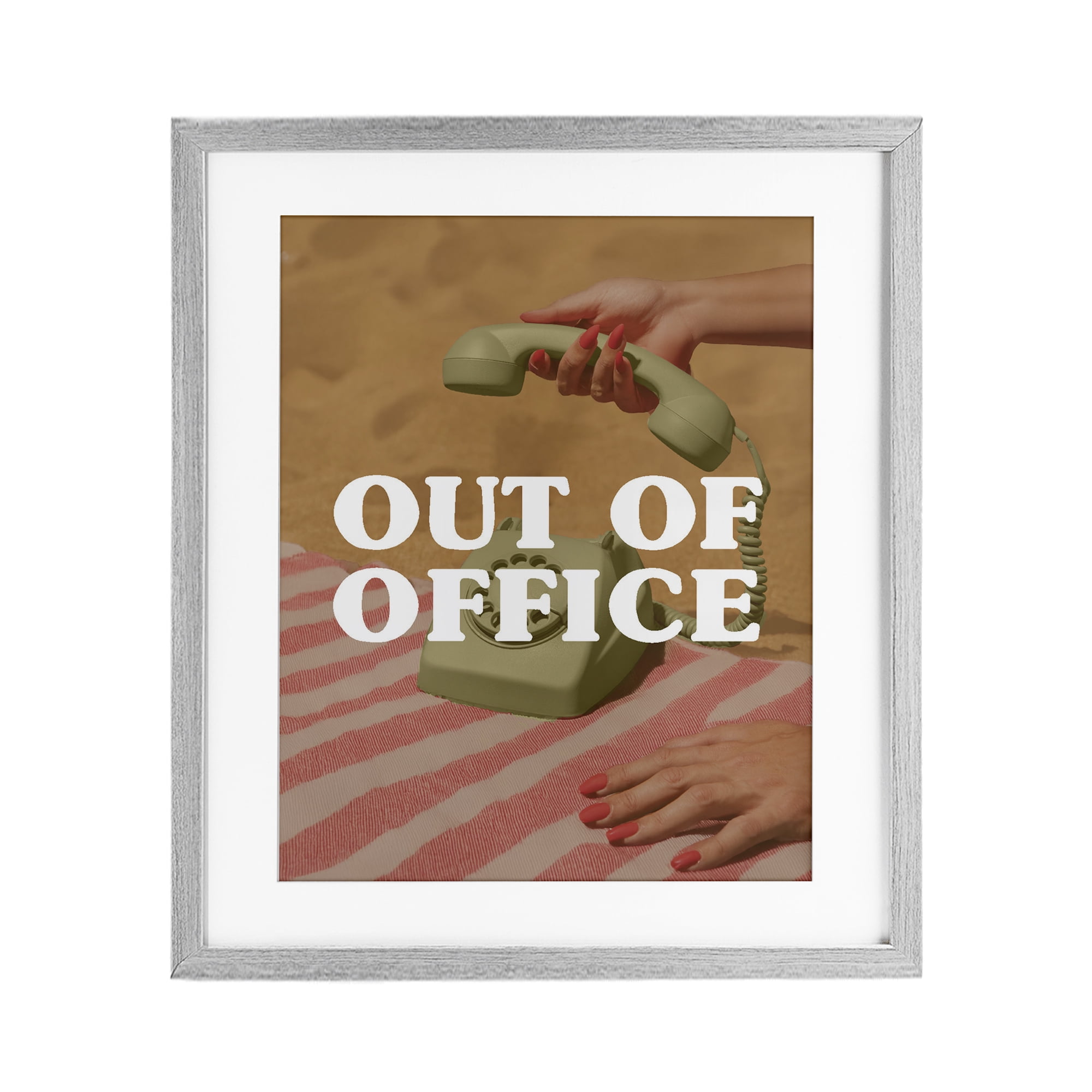 Out of Office Green Phone Gray Framed Print Under Glass, design by Lil' Rue